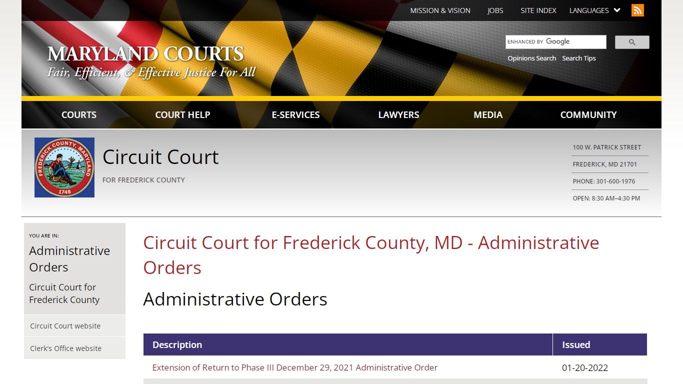 Circuit Court for Frederick County, MD - Administrative Orders